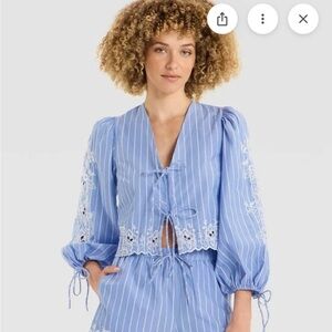 Blue Striped long sleeve shirt  with Lace Details NWT